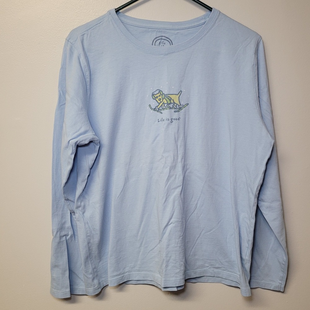 Life is Good Womens Long Sleeve Skiing Dog Graphic Tee Blue Relaxed Fit Size L
